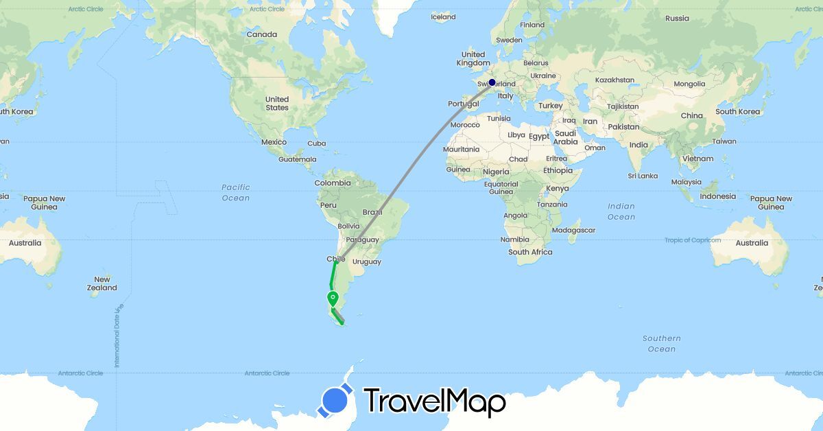 TravelMap itinerary: driving, bus, plane in Argentina, Chile, France (Europe, South America)